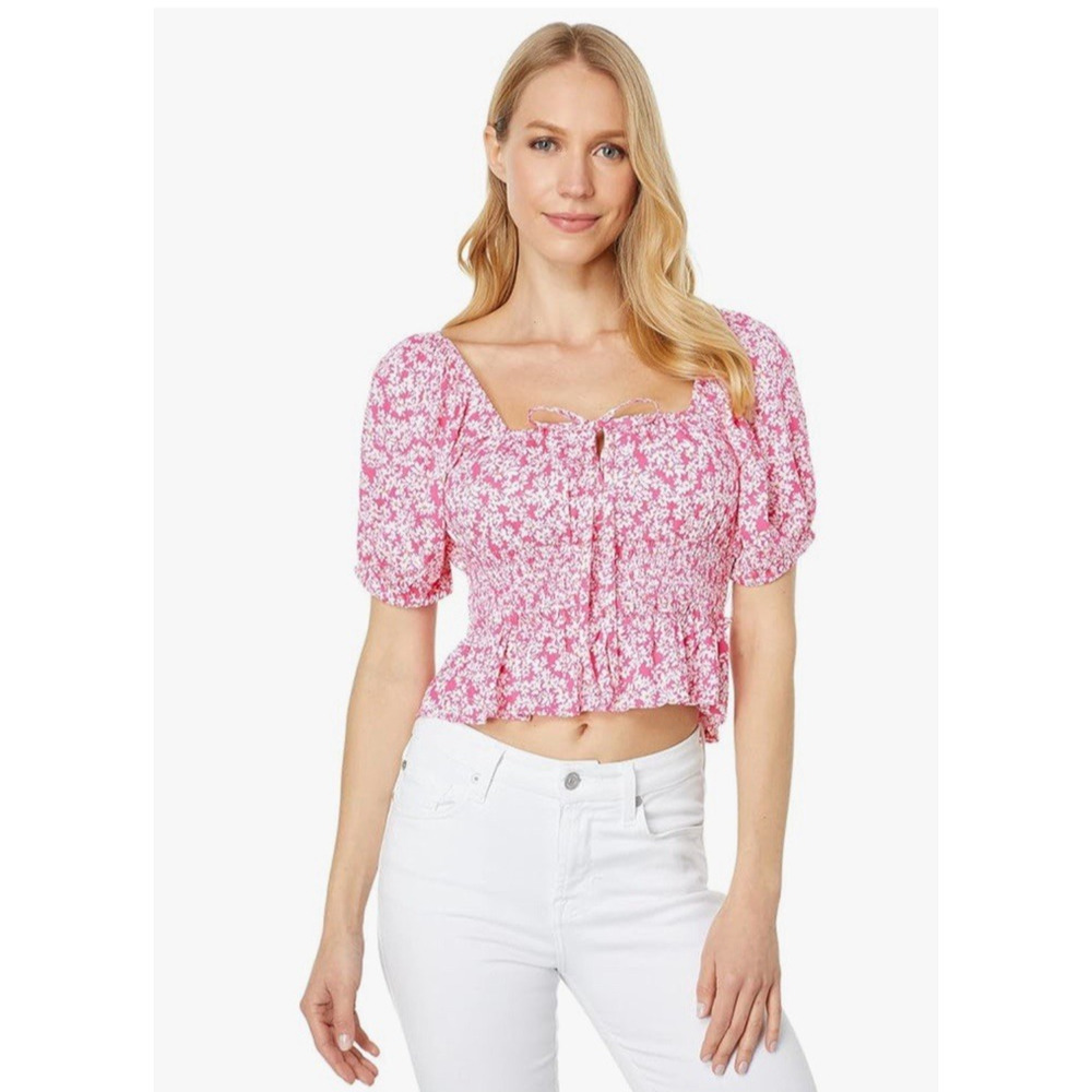 1.STATE Short Sleeve Pink Square Neck Crop Top Floral Sz S Flirty Boho